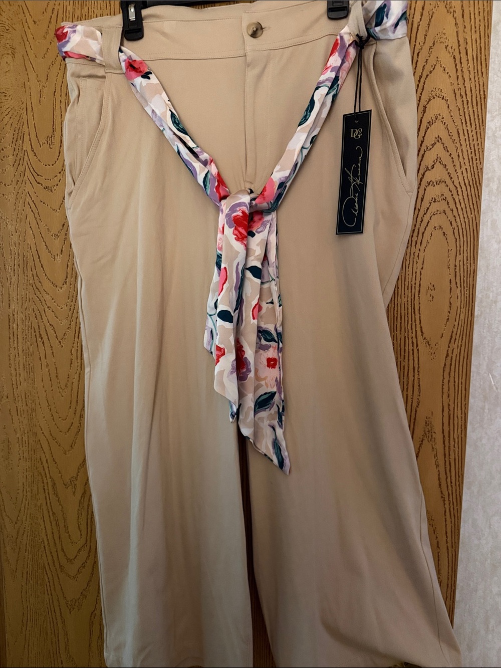 DG2 by Diane Gilman Beige Wide-Leg Pants with Floral Scarf Tie